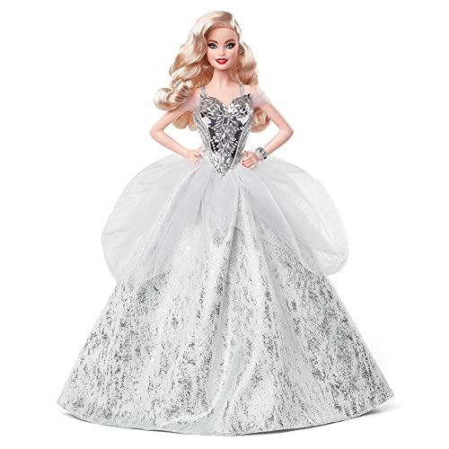 Barbie Signature 2021 Holiday Doll (12-inch, Blonde Wavy Hair) in Silver Gown, with Doll Stand and Certificate of Authenticity, Gift for 6 Year Olds and Up