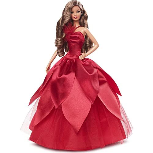 Barbie Signature 2022 Holiday Doll, Light-Brown Wavy Hair Wearing Red Poinsettia-Inspired Gown, Collectible with Doll Stand & Certificate of Authenticity