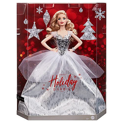 Barbie Signature 2021 Holiday Doll (12-inch, Blonde Wavy Hair) in Silver Gown, with Doll Stand and Certificate of Authenticity, Gift for 6 Year Olds and Up