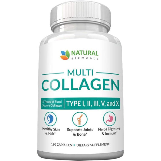 Multi Collagen 180 Protein Capsules - Type I, II, III, V, X Collagen Pills - Proprietary Blend of Eggshell, Chicken, Wild Fish & Grass-Fed Beef Collagen Peptides - 2025mg per serv