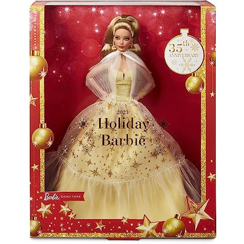 Barbie Signature 2023 Holiday Doll, Light Brown Hair Wearing Golden Gown, Collectible with Doll Stand & Certificate of Authenticity