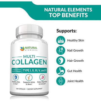 Multi Collagen 180 Protein Capsules - Type I, II, III, V, X Collagen Pills - Proprietary Blend of Eggshell, Chicken, Wild Fish & Grass-Fed Beef Collagen Peptides - 2025mg per serv