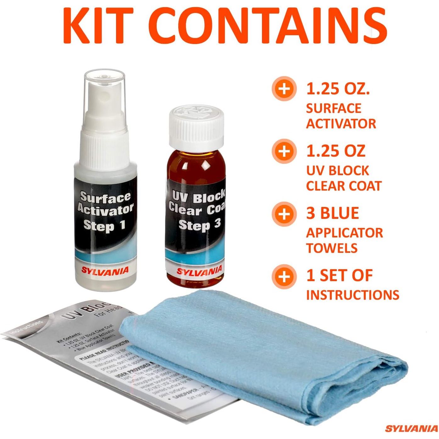 SYLVANIA - Headlight Restoration Essentials Kit - UV Block Clear Coat, Most Important Step to Restore Sun Damaged Headlights, Surface Activator, UV Protection for Clearer Headlights - 1 Fl Oz