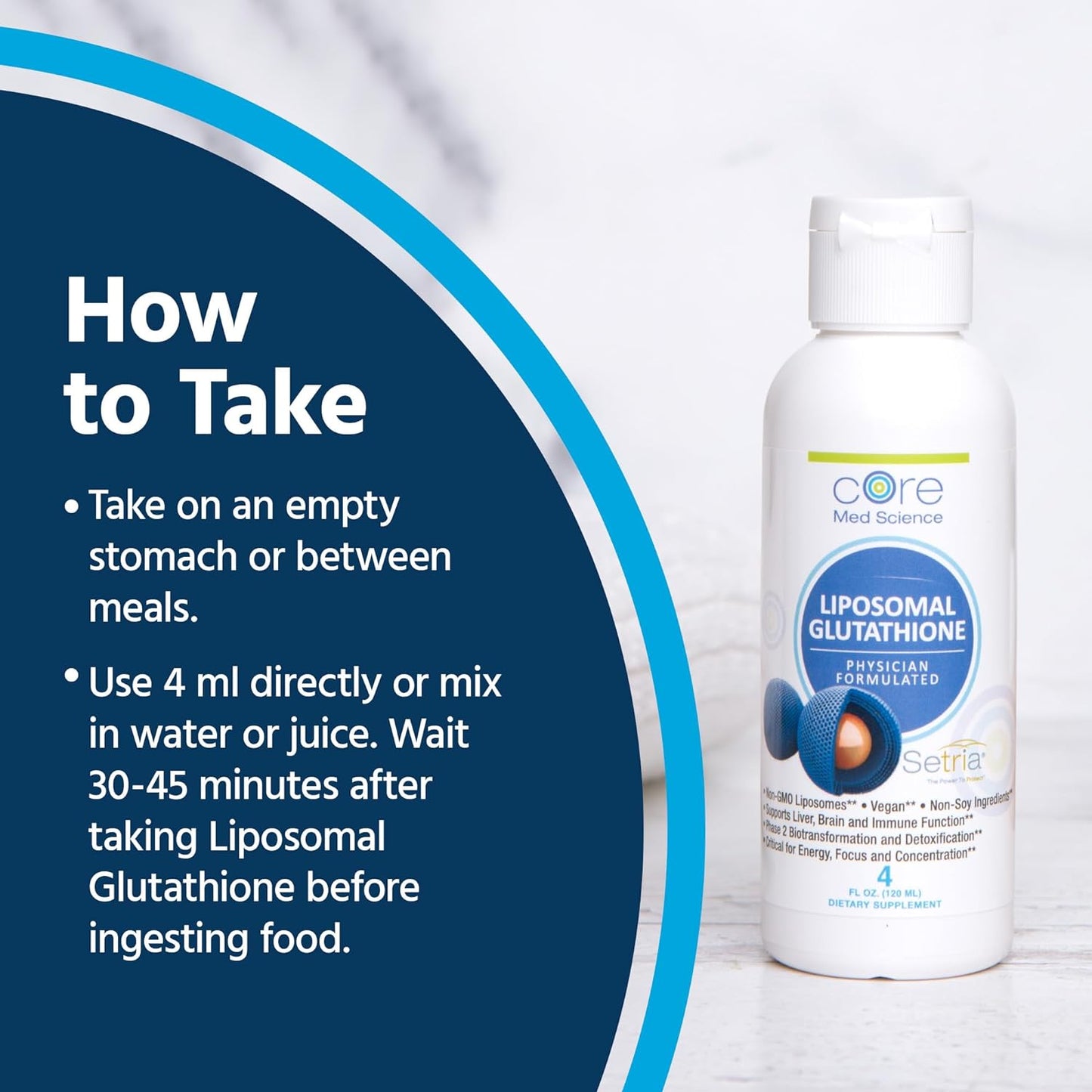 Core Med Science Liposomal Glutathione Liquid Supplement (500mg, 4 Fl Oz) - Pure Reduced Setria with Phospholipid Complex - Antioxidant Supplement for Energy, Brain Health, Skin & Liver Health