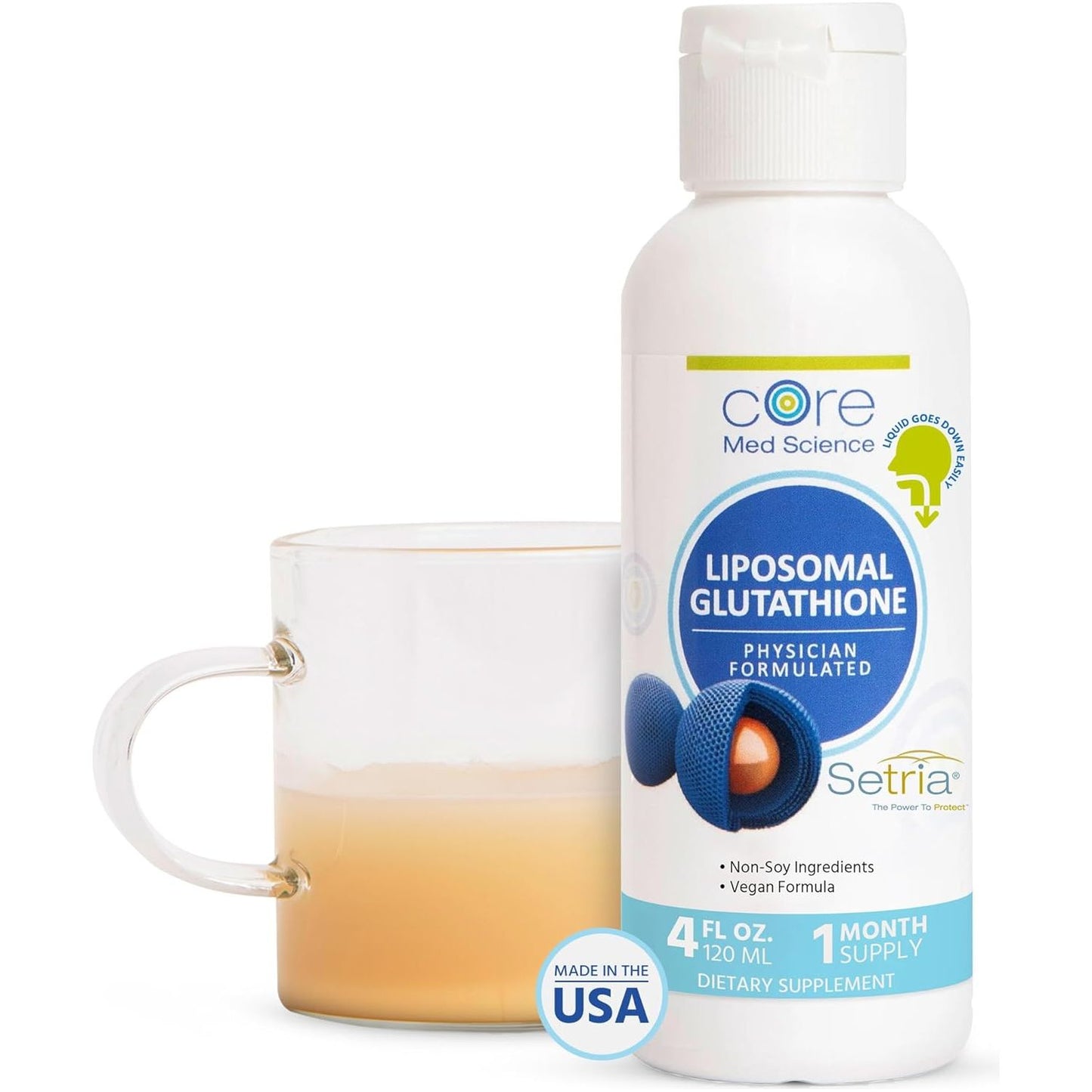 Core Med Science Liposomal Glutathione Liquid Supplement (500mg, 4 Fl Oz) - Pure Reduced Setria with Phospholipid Complex - Antioxidant Supplement for Energy, Brain Health, Skin & Liver Health