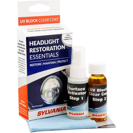 SYLVANIA - Headlight Restoration Essentials Kit - UV Block Clear Coat, Most Important Step to Restore Sun Damaged Headlights, Surface Activator, UV Protection for Clearer Headlights - 1 Fl Oz