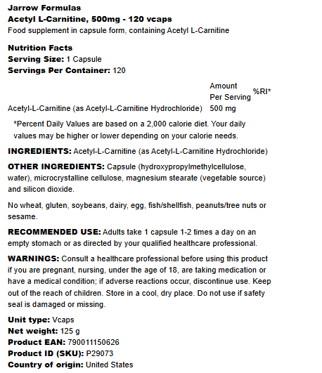 Jarrow Formulas Acetyl L-Carnitine 500mg - 120 vcaps