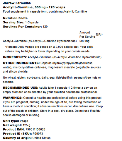 Jarrow Formulas Acetyl L-Carnitine 500mg - 120 vcaps