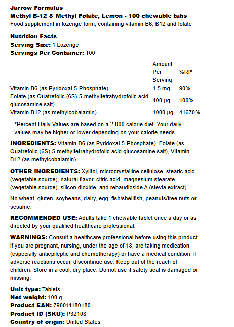 Jarrow Formulas Methyl B-12 & Methyl Folate Lemon - 100 chewable tabs