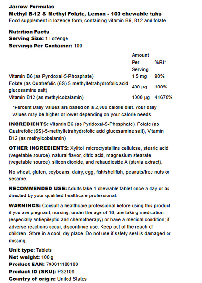 Jarrow Formulas Methyl B-12 & Methyl Folate Lemon - 100 chewable tabs