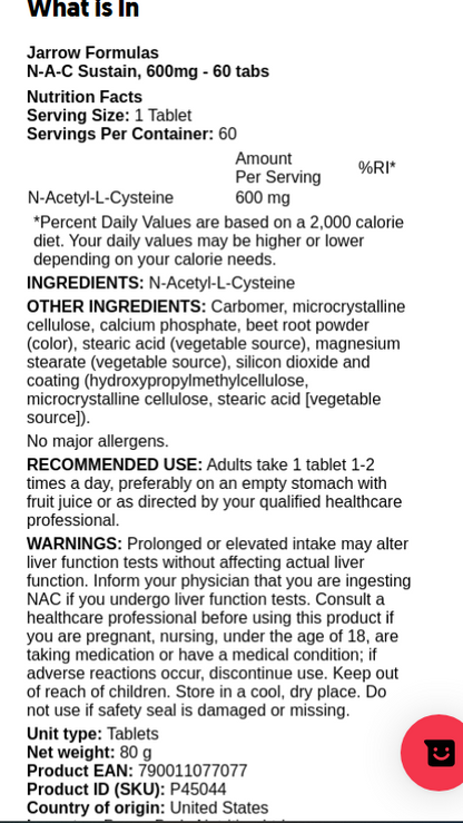 Jarrow Formulas N-A-C Sustain 60 tablets