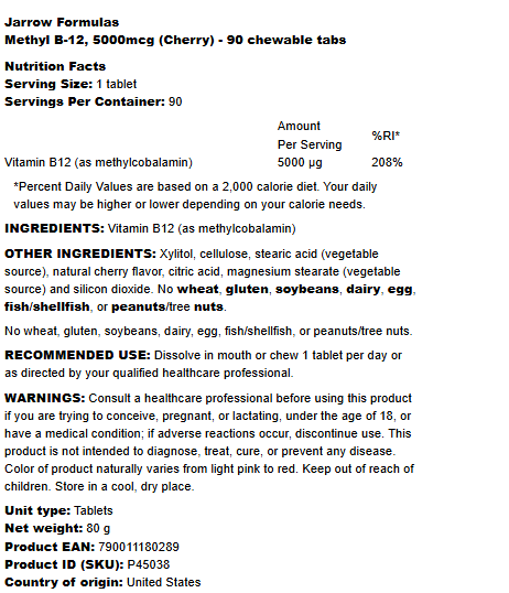 Jarrow Formulas &nbsp;Methyl B-12 5000mcg (Cherry) - 90 chewable tabs