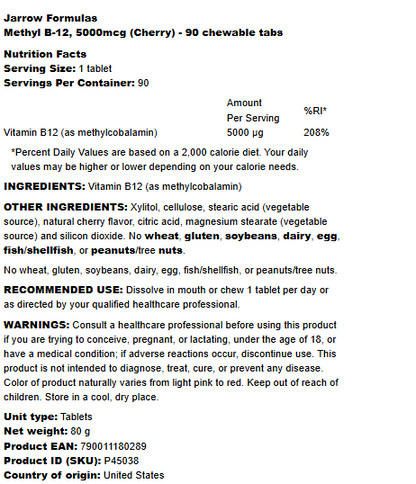 Jarrow Formulas &nbsp;Methyl B-12 5000mcg (Cherry) - 90 chewable tabs