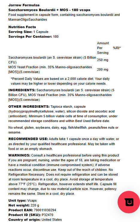 Jarrow Formulas Saccharomyces Boulardii + MOS - 180 vcaps