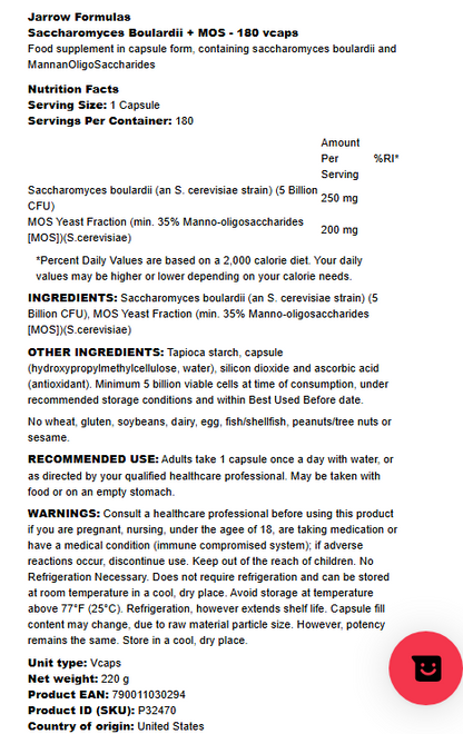 Jarrow Formulas Saccharomyces Boulardii + MOS - 180 vcaps