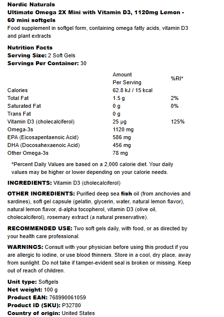 Nordic Naturals Ultimate Omega 2X Mini with Vitamin D3 60 mini softgels
