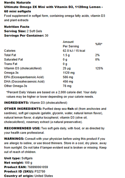 Nordic Naturals Ultimate Omega 2X Mini with Vitamin D3 60 mini softgels