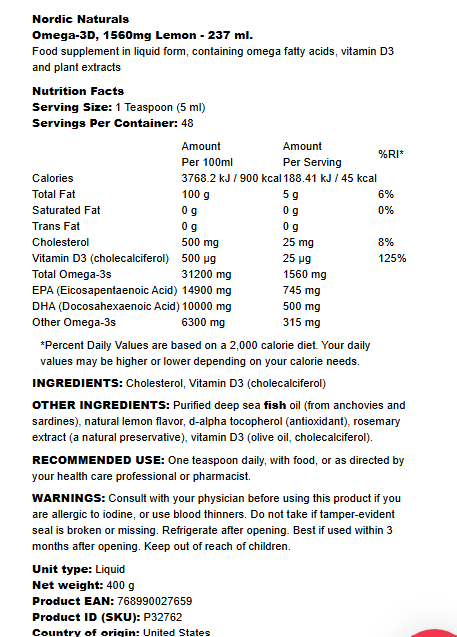 Nordic Naturals Omega-3D 1560mg Lemon - 237 ml.