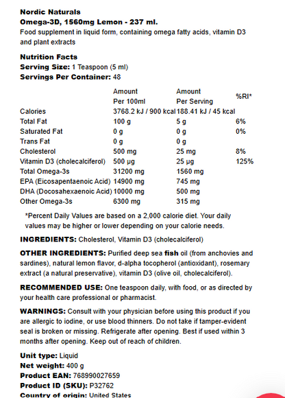 Nordic Naturals Omega-3D 1560mg Lemon - 237 ml.