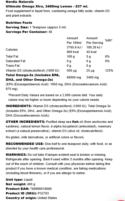 Nordic Naturals Ultimate Omega Xtra 3400mg Lemon - 237 ml.