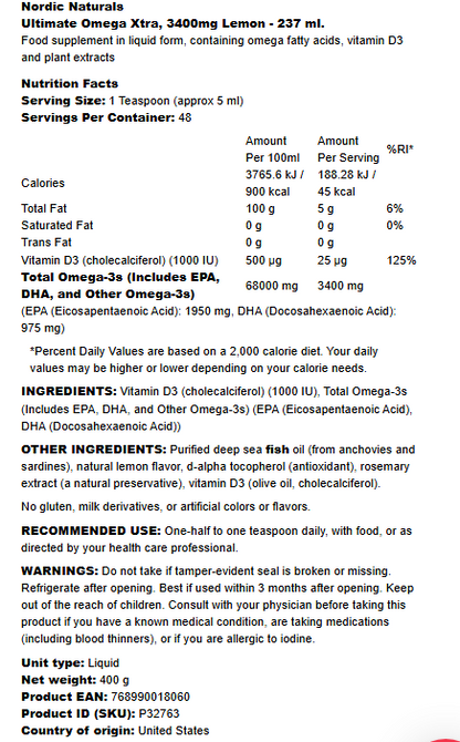 Nordic Naturals Ultimate Omega Xtra 3400mg Lemon - 237 ml.