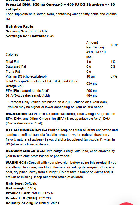 Nordic Naturals Prenatal DHA 830mg Omega-3 + 400 IU D3 Strawberry - 90 softgels