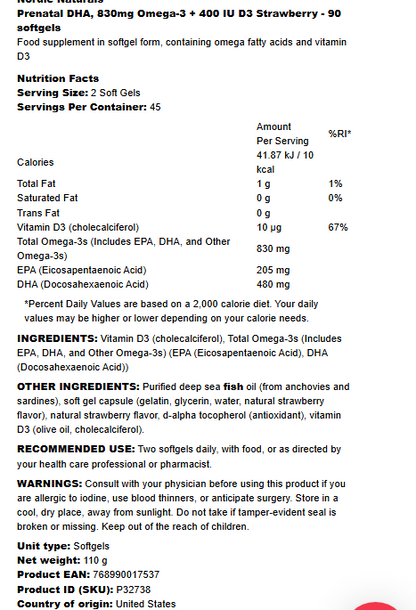 Nordic Naturals Prenatal DHA 830mg Omega-3 + 400 IU D3 Strawberry - 90 softgels