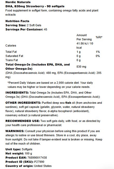 Nordic Naturals DHA 830mg Strawberry - 90 softgels