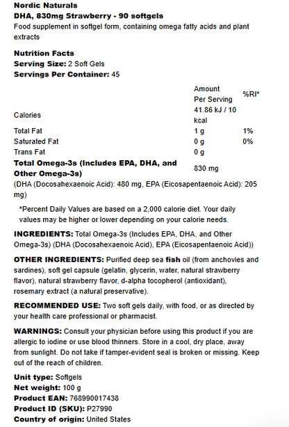 Nordic Naturals DHA 830mg Strawberry - 90 softgels